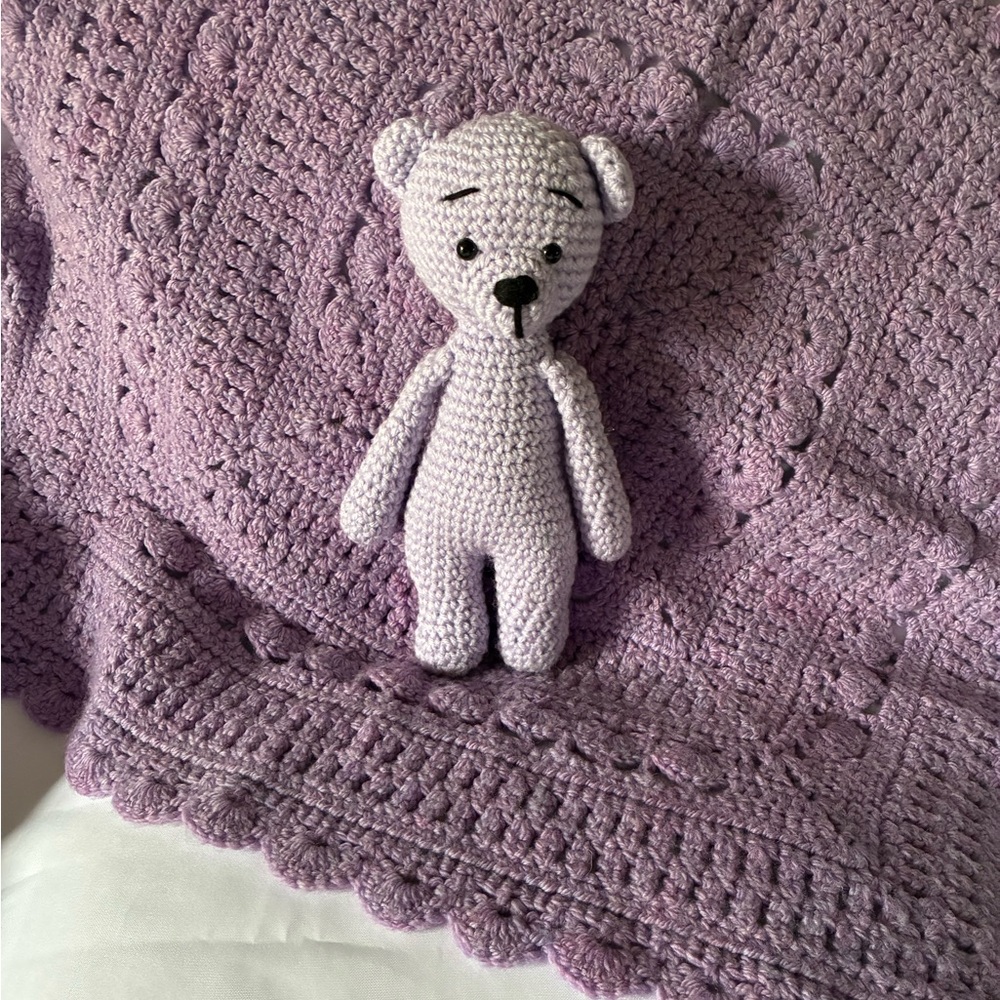 Hand Crocheted Baby Blanket And Teddy Bear, Lavender